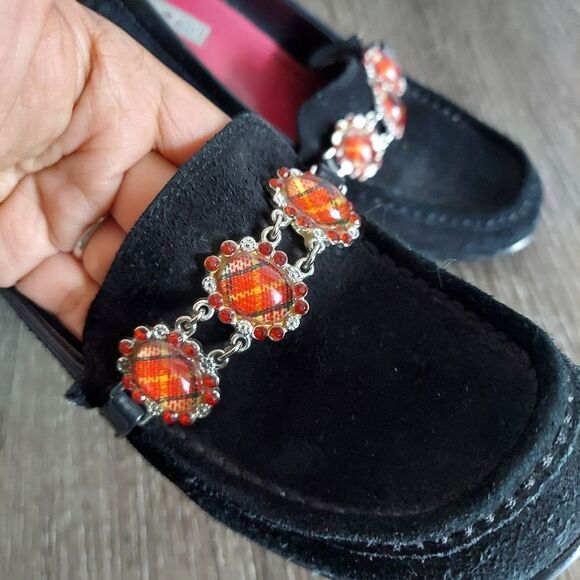 TOMMY GIRL BLACK SUEDE JEWELED HIGH HEEL LOAFERS 3.25" STACKED HEEL 7 - Picture 8 of 9